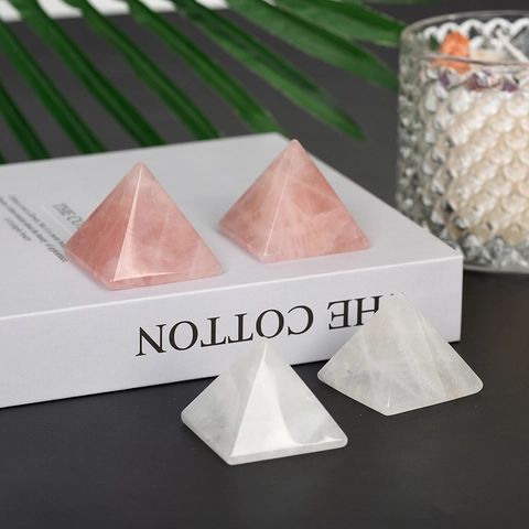 Natural Crystal Pyramid Ornament Healing Rose Quartz White Crystal Moss Agate Energy Stone Geometric Home Office Desk Decor