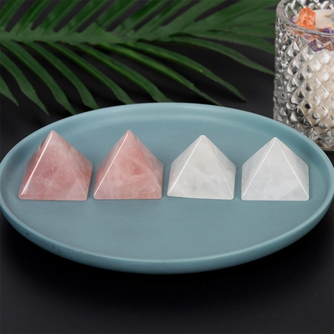 Natural Crystal Pyramid Ornament Healing Rose Quartz White Crystal Moss Agate Energy Stone Geometric Home Office Desk Decor