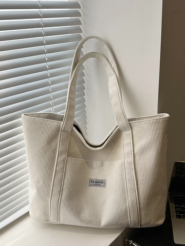 Women Large Capacity Corduroy Tote Bag Commuter Shoulder Handbag Minimalist Retro Style With Front Pocket Zipper
