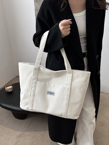 Women Large Capacity Corduroy Tote Bag Commuter Shoulder Handbag Minimalist Retro Style With Front Pocket Zipper