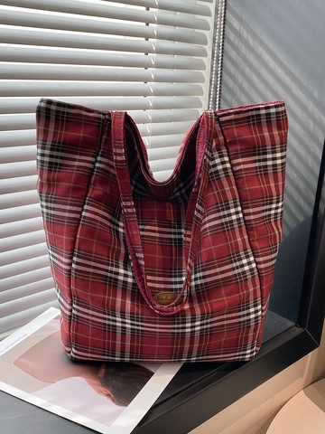 Britische Leinwand Tragetasche Mit Karomuster Für Damen Große Kapazität Retro Schultertasche Lässige Handtasche Für Shopping Schule Reisen