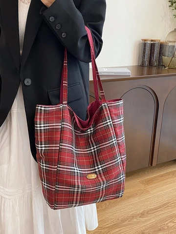 Britische Leinwand Tragetasche Mit Karomuster Für Damen Große Kapazität Retro Schultertasche Lässige Handtasche Für Shopping Schule Reisen