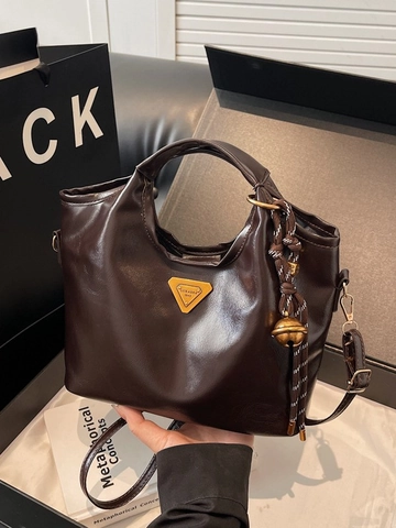 Women Tote Bag Shiny PU Leather Elegant Triangle Decor With Bell Charm Large Capacity Commute Shoulder Handbag