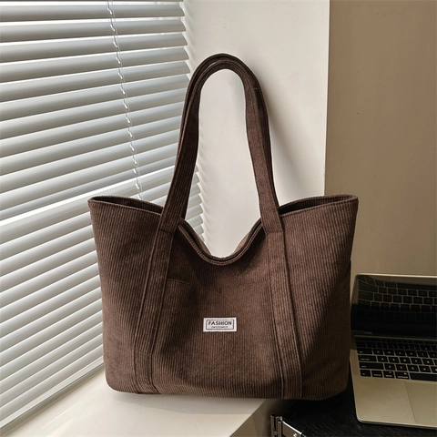 Women Fashion Corduroy Tote Bag Large Capacity Minimalist Shoulder Bag With Letter Patch Retro Casual Commuting Handbag