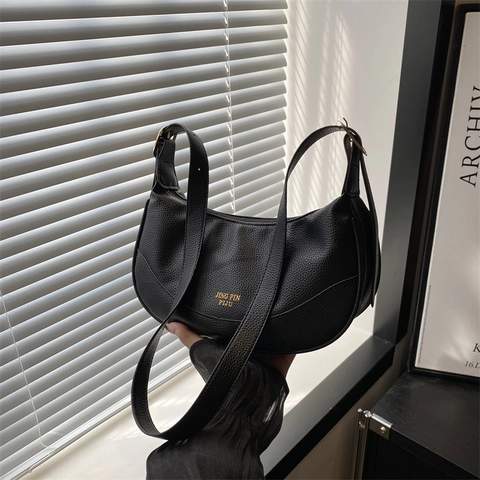 Bolso De Hombro Vintage Con Patrón De Lichi Para Mujer Cuero PU Bolso De Media Luna Moda Color Sólido Bolso Informal