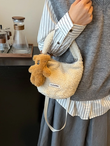 Süße Damen Bucket Bag Aus Sherpa Fleece Mit Bärenanhänger Winter Plüsch Handtasche Umhängetasche Für Mädchen