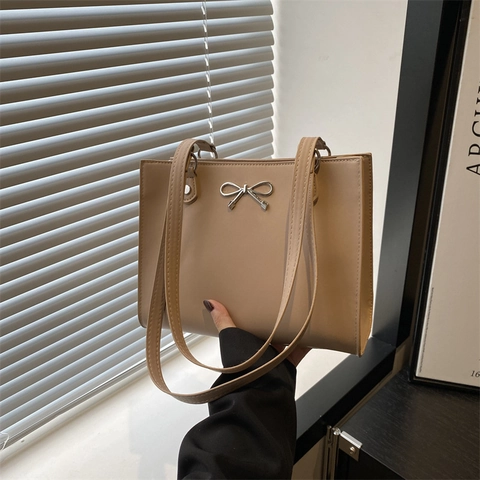 Bolso de Hombro de Cuero PU para Mujer de Moda Retro Minimalista con Lazo Bolso Tote Casual de Color Sólido Grande para Axila