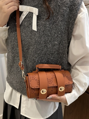 Women Floral Embossed PU Leather Shoulder Crossbody Bag Small Square Cylinder Bag Vintage Handbag With Gold Twist Lock