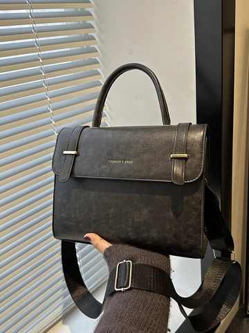 Vintage PU Leather Postman Bag For Women Retro Crossbody Shoulder Bag With Wide Strap Letter Print Fashion Handbag