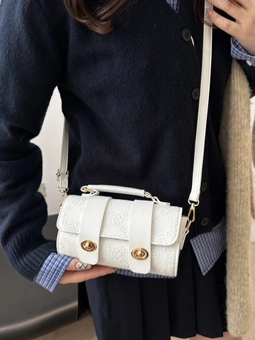 Women Floral Embossed PU Leather Shoulder Crossbody Bag Small Square Cylinder Bag Vintage Handbag With Gold Twist Lock