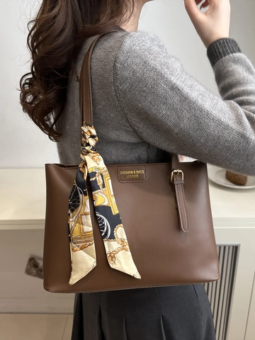 Large Capacity PU Leather Tote Bag With Decorative Scarf Vintage Elegant Solid Color Shoulder Handbag For Women Office