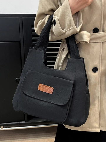 Sac À Main Fourre-Tout En Toile Pour Femmes Avec Poche Avant À Rabat Style Rétro Décontracté Travail