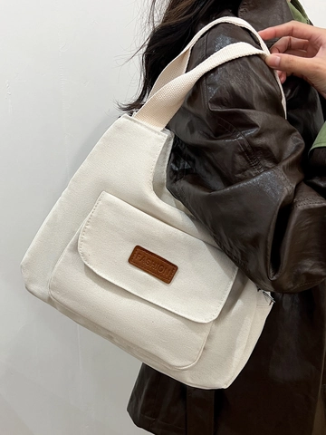 Sac À Main Fourre-Tout En Toile Pour Femmes Avec Poche Avant À Rabat Style Rétro Décontracté Travail