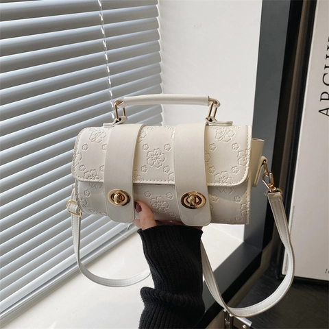 Women Retro PU Leather Embossed Flower Crossbody Bag Top Handle Small Shoulder Bag Vintage Cylinder Handbag Gold Turn Lock