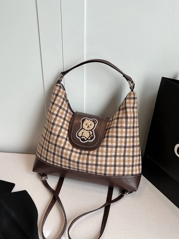Damen Schultertasche Mit Großer Kapazität Retro Gitter Wolle Tweed Tote Mit Besticktem Bär Lässige Koreanische Handtasche