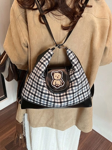 Damen Schultertasche Mit Großer Kapazität Retro Gitter Wolle Tweed Tote Mit Besticktem Bär Lässige Koreanische Handtasche
