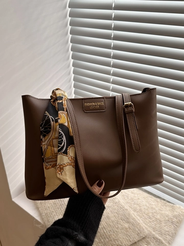 Large Capacity PU Leather Tote Bag With Decorative Scarf Vintage Elegant Solid Color Shoulder Handbag For Women Office