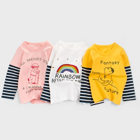 Meisjes T-Shirt Met Lange Mouwen Katoen Gestreepte Faux Tweedelige Patchwork Ronde Hals Casual Cartoon Grafische Print Kinderen Herfst