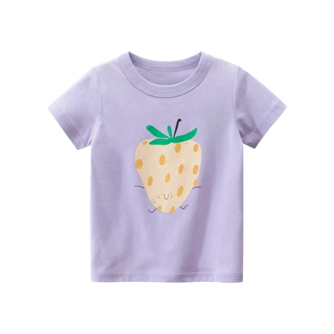 Girls Cotton Short Sleeve T-Shirt Purple Cartoon Strawberry Print Summer Casual Kids Round Neck Fashion Tops