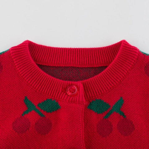 Girls Knitted Cardigan Sweater 100% Cotton Cherry Jacquard Round Neck Button Down Long Sleeve Warm Kids Outerwear