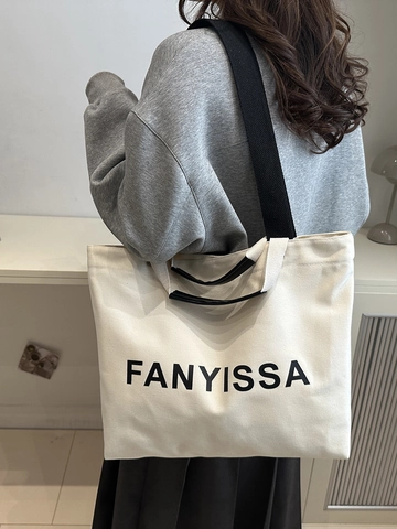 Canvas Tote Bag Large Capacity Letter Print Minimalist Shoulder Handbag Versatile Casual Commute For Women Students