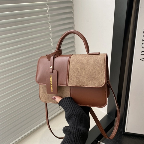 Bolso de Hombro Patchwork Vintage Francés para Mujer Bolso de Mano con Asa Superior Color de Contraste Bolso Cuadrado Pequeño Cuero PU Gamuza con Correa Ajustable