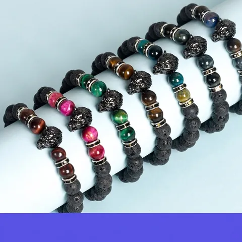 Wolf Head Beaded Bracelet Natural Lava Stone And Tiger Eye Beads Elastic Punk Style Jewelry For Men Women