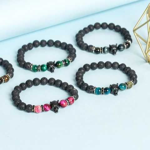 Wolf Head Beaded Bracelet Natural Lava Stone And Tiger Eye Beads Elastic Punk Style Jewelry For Men Women