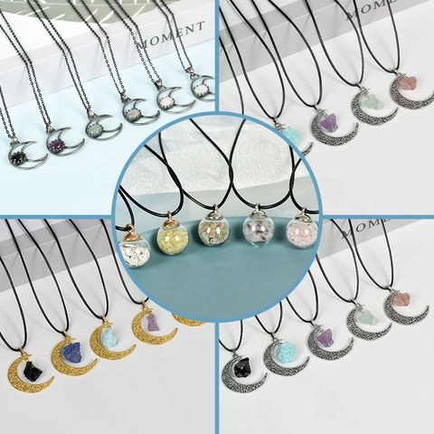 Vintage Crescent Moon Pendant Necklace With Natural Crystal Amethyst Quartz Stone Raw Ore Glass Globe Hollow Alloy Jewelry For Women