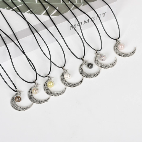 Vintage Crescent Moon Pendant Necklace With Natural Crystal Amethyst Quartz Stone Raw Ore Glass Globe Hollow Alloy Jewelry For Women
