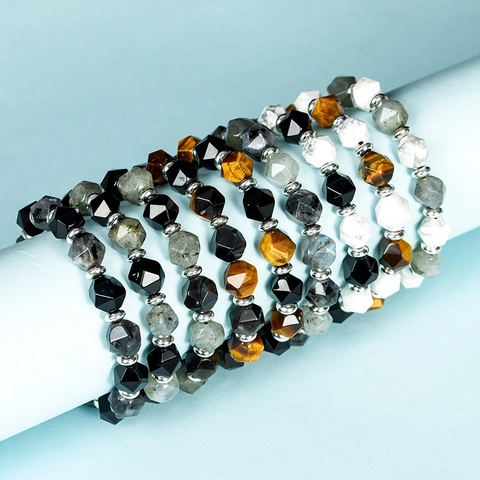 Πολυεδρικό Βραχιόλι από Φυσικές Κρυστάλλινες Πέτρινες Χάντρες Με Μεταλλικούς Αποστάτες Οψιδιανός Μάτι της Τίγρης Λαμπραδορίτης Λευκό Τυρκουάζ Κόσμημα Unisex