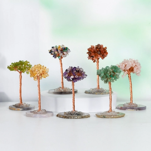Handmade Natural Crystal Money Tree Ornament With Agate Slice Base Copper Wire Gemstone Desk Decor For Home Office