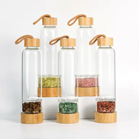 Natural Crystal Gravel Energy Glass Water Bottle With Portable Bamboo Lid Healing Stones Chamber Glassware Yoga Wellness Drinkware