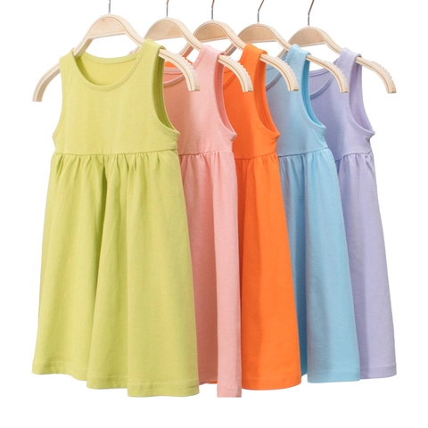 Girls Sleeveless Cotton Dress Summer Solid Color A-Line Pleated Round Neck Casual Sundress For Toddler Kids