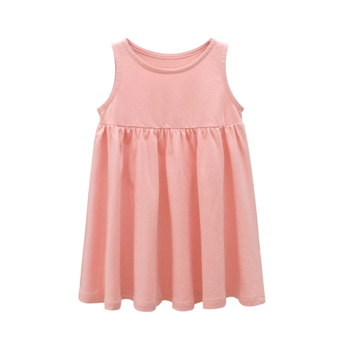 Girls Sleeveless Cotton Dress Summer Solid Color A-Line Pleated Round Neck Casual Sundress For Toddler Kids