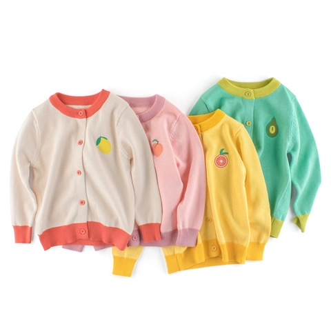 Cardigan In Maglia Per Bambine In Puro Cotone Con Ricamo Di Frutta Girocollo E Bottoni Per Neonati