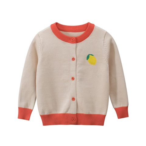 Cardigan In Maglia Per Bambine In Puro Cotone Con Ricamo Di Frutta Girocollo E Bottoni Per Neonati