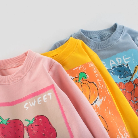 Girls Long Sleeve Cotton Sweatshirt Top Korean Casual Pullover With Strawberry Pumpkin Grape Prints For Autumn Spring