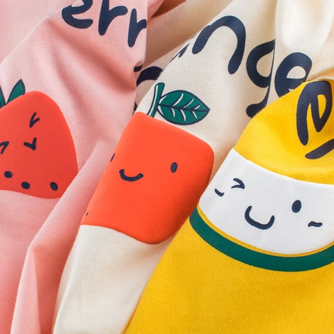 Summer Kids 100% Cotton Short Sleeve T-Shirt Cute Cartoon Fruit Print Smiley Face Round Neck Soft Breathable Top For Baby Girls Boys
