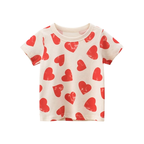 Meisjes Katoenen T-Shirt Met Korte Mouwen Hartjesprint Zomer Ademend Casual Top Met Ronde Hals