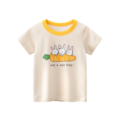 Girls Kids 100% Cotton Short Sleeve T-Shirt Cartoon Rabbit Carrot Print Summer Casual Round Neck Beige Top