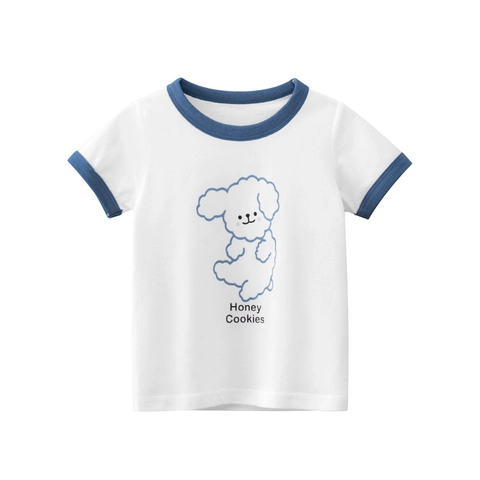 Kids Cotton Cartoon Dog Print Short Sleeve T-Shirt Contrasting Ringer Tee For Girls Boys Summer Casual Honey Cookies Top