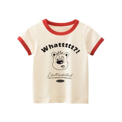 Girls Casual Short Sleeve T-Shirt 100% Cotton Ringer Tee Contrasting Round Neck Cartoon Bear Print Summer Top For Kids