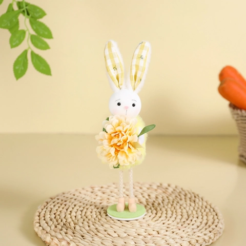 Easter Standing Rabbit Flower Ornament Pastoral Bunny Figurine With Artificial Flower For Home Party Desktop Decoration