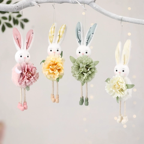 Easter Rabbit Flower Pendant Long Leg Bunny Plush Doll Hanging Decor For Easter Party Home Decoration