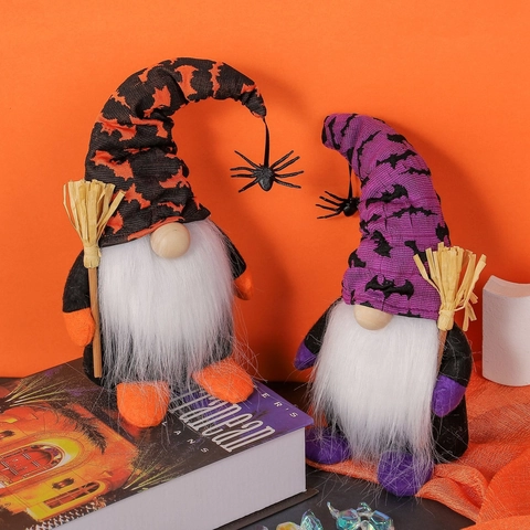 Halloween Gnome Plush Doll With Bat Pattern Hat Spider Decor Broom Faceless Dwarf Figurine For Table Party Home Decoration