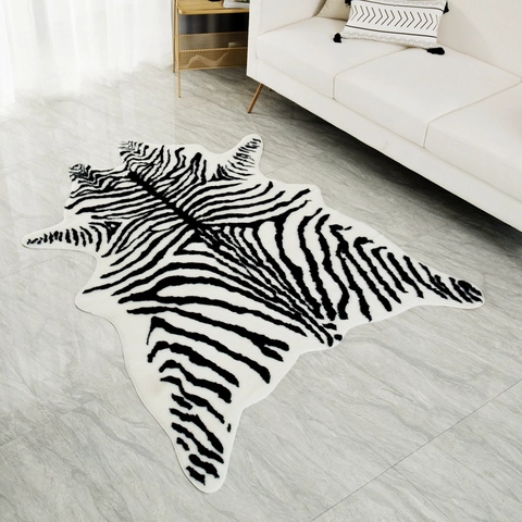Tapis En Fausse Fourrure Motif Zébré Mélange Polyester Acrylique Forme Irrégulière Décoration Intérieure Moderne Tapis De Sol
