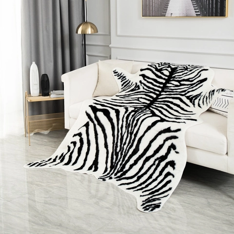Tapis En Fausse Fourrure Motif Zébré Mélange Polyester Acrylique Forme Irrégulière Décoration Intérieure Moderne Tapis De Sol