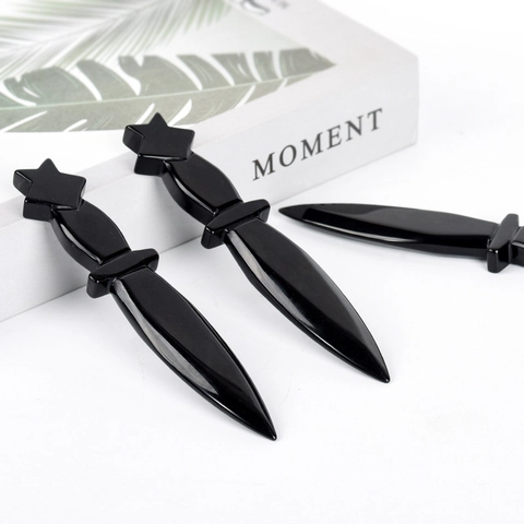 Handgeschnitzter Natürlicher Schwarzer Obsidian Kristall Dolch Messer Ornament Mit Stern Griff Home Office Schreibtisch Dekor Heilstein