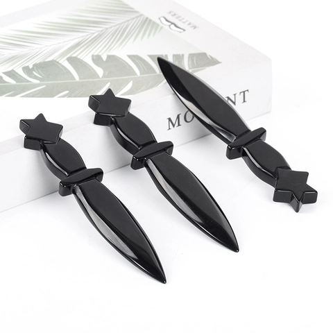 Handgeschnitzter Natürlicher Schwarzer Obsidian Kristall Dolch Messer Ornament Mit Stern Griff Home Office Schreibtisch Dekor Heilstein